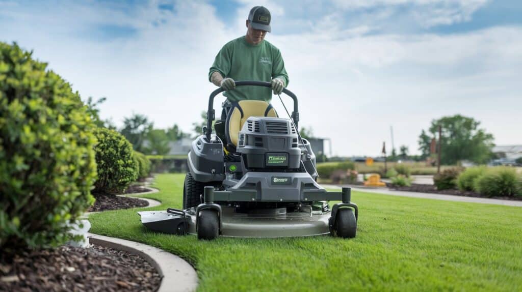 How to start a landscaping business - owner mowing a customers grass